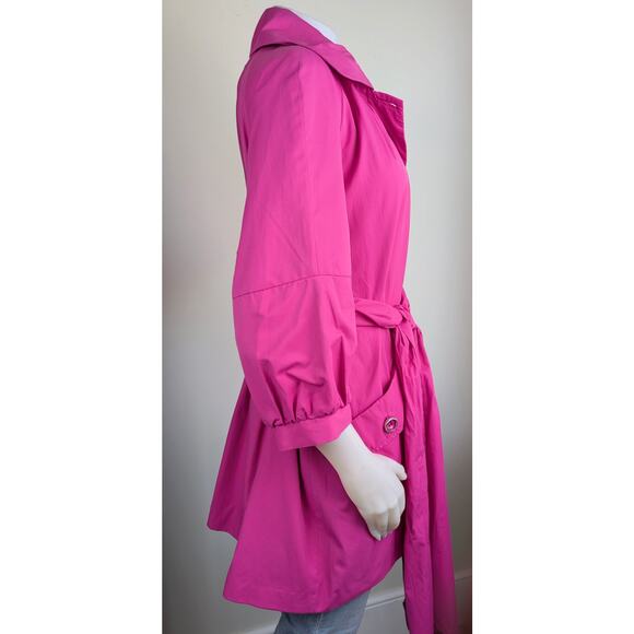 Apostrophe Fuschia Trenchcoat Raincoat Chic Mid-Length 3/4 Puff Sleeve Sz Large - Picture 5 of 11